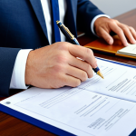 A professional male compliance specialist in a modest business suit, seated at a sleek wooden desk, meticulously examining a stack of physical documents. His well-formed hands, with proper finger count and natural body proportions, carefully hold a pen over a complex form. The modern office background is clean and organized, featuring shelves of neatly arranged folders and subtle ambient lighting. The image conveys precision and diligent work with traditional paperwork, natural pose, perfect anatomy, correct proportions, professional photography, high quality, safe for work, appropriate content, fully clothed, professional.