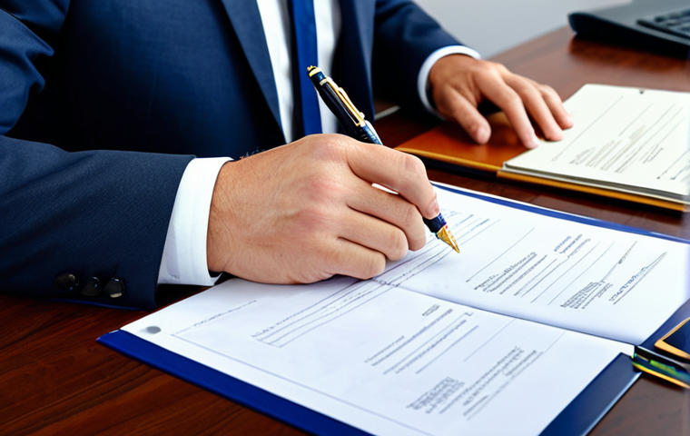 A professional male compliance specialist in a modest business suit, seated at a sleek wooden desk, meticulously examining a stack of physical documents. His well-formed hands, with proper finger count and natural body proportions, carefully hold a pen over a complex form. The modern office background is clean and organized, featuring shelves of neatly arranged folders and subtle ambient lighting. The image conveys precision and diligent work with traditional paperwork, natural pose, perfect anatomy, correct proportions, professional photography, high quality, safe for work, appropriate content, fully clothed, professional.