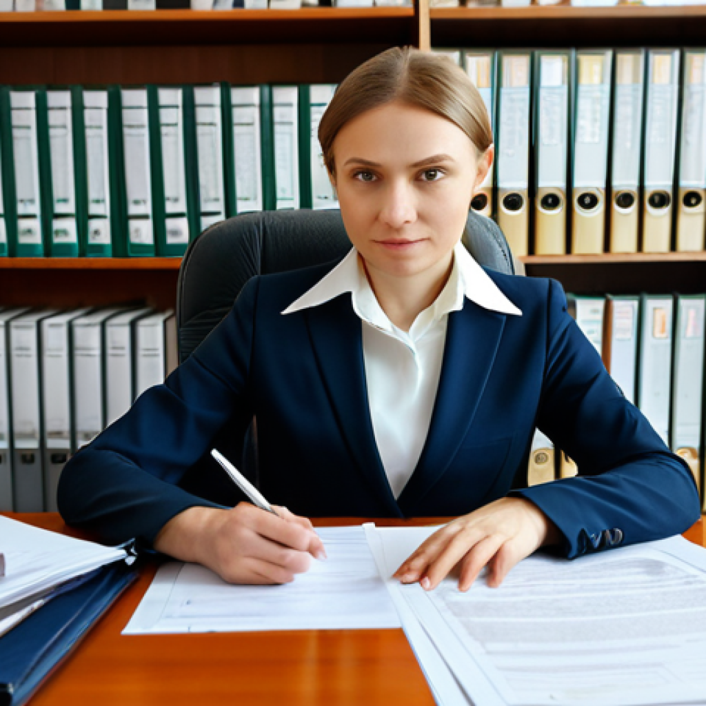 Legal Compliance in a Modern Russian Office**

A businesswoman in a modern, well-lit office in Moscow, reviewing documents related to tax law and consumer protection. She is wearing a professional business suit, fully clothed, appropriate attire. Bookshelves and legal documents are visible in the background. Safe for work, perfect anatomy, correct proportions, professional, modest, family-friendly. Focus on conveying competence and seriousness. High quality rendering.

**