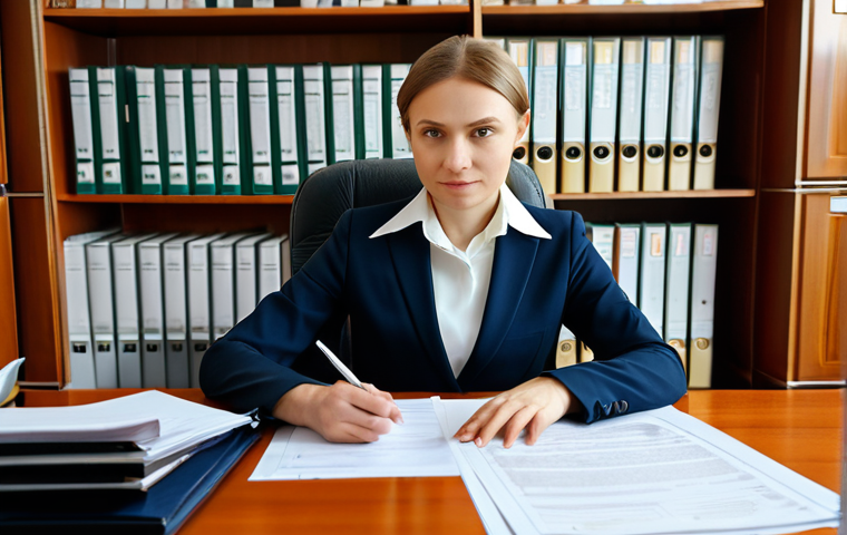Legal Compliance in a Modern Russian Office**

A businesswoman in a modern, well-lit office in Moscow, reviewing documents related to tax law and consumer protection. She is wearing a professional business suit, fully clothed, appropriate attire. Bookshelves and legal documents are visible in the background. Safe for work, perfect anatomy, correct proportions, professional, modest, family-friendly. Focus on conveying competence and seriousness. High quality rendering.

**