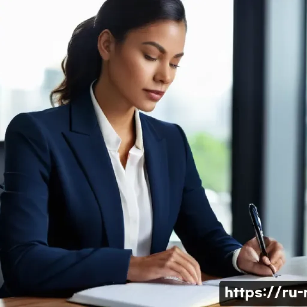 규제 업무의 효율성을 높이는 팁 - **Prompt:** A focused, diligent female professional, mid-career, with a calm and intelligent express...