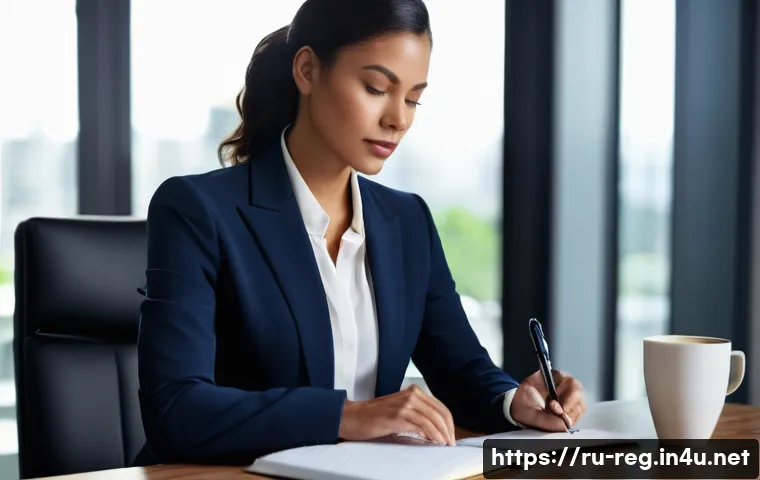 규제 업무의 효율성을 높이는 팁 - **Prompt:** A focused, diligent female professional, mid-career, with a calm and intelligent express...