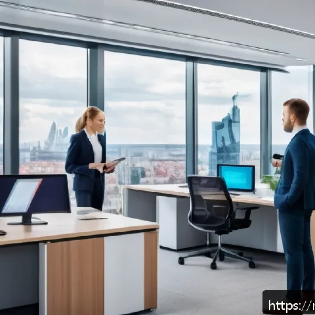 규제요원 업무 사례 분석 - A modern Russian business office scene showing a diverse group of professionals in smart casual atti...