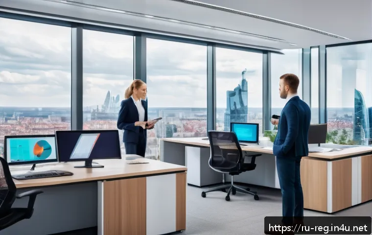 규제요원 업무 사례 분석 - A modern Russian business office scene showing a diverse group of professionals in smart casual atti...