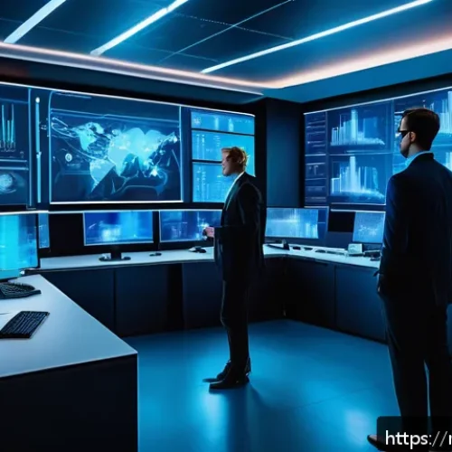 Home 30 규제 업무의 미래 전망 - A futuristic regulatory control room with diverse professionals analyzing large data streams on mult...