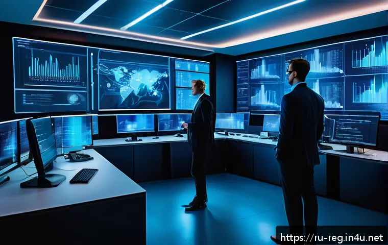 규제 업무의 미래 전망 - A futuristic regulatory control room with diverse professionals analyzing large data streams on mult...