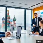 Home 23 규제 업무에서 흔히 발생하는 문제와 해결 사례 - A modern Russian office environment showing a diverse team of business professionals collaborating a...